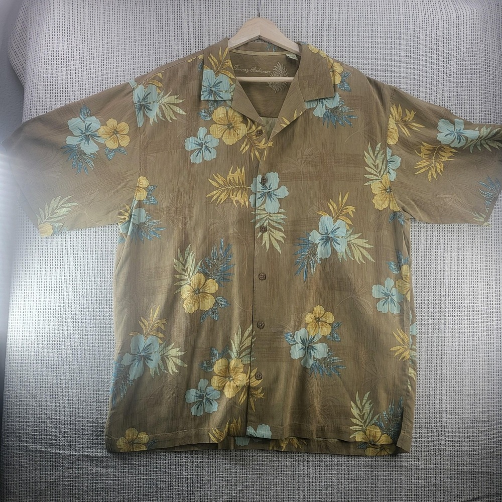 Tommy Bahama Shirt Mens Large Brown Floral Silk Hawaiian Aloha‎ Button Front